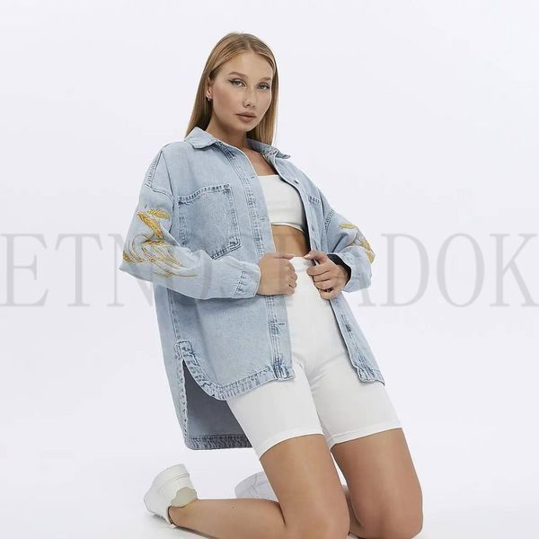 Джинсова куртка oversize з вишитими колосками S 801 фото