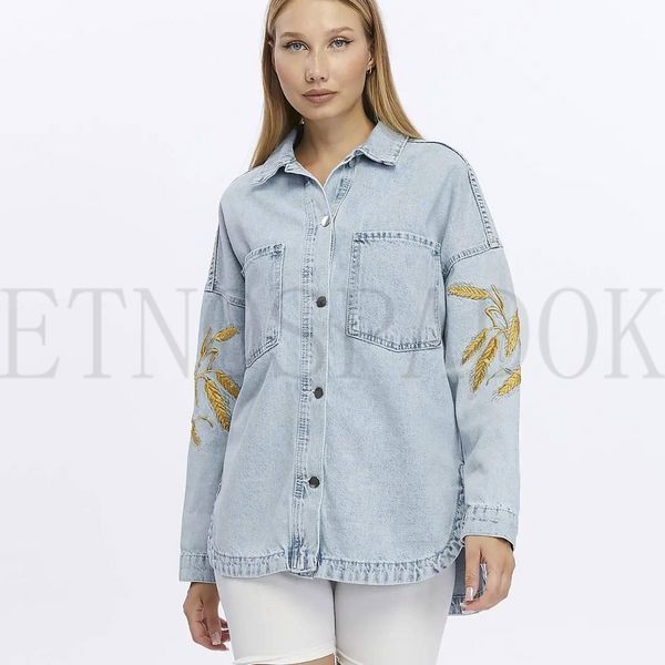 Джинсова куртка oversize з вишитими колосками S 801 фото