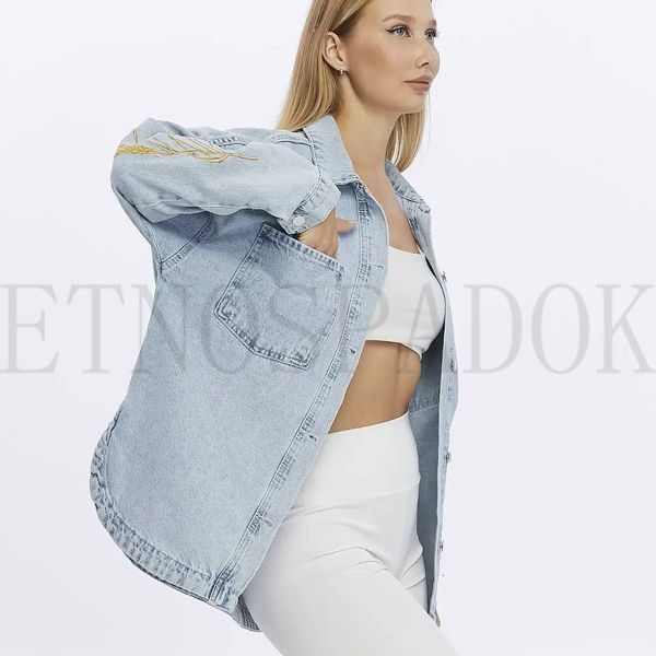 Джинсова куртка oversize з вишитими колосками S 801 фото