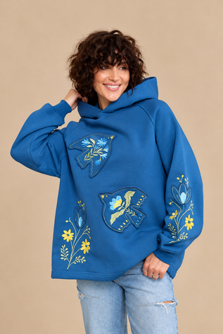 Вишите худі &laquo;Петриківські пташки&raquo; в синьому кольорі L/XL 719.2 фото