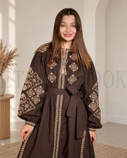 Вишитий комплект сукня з сорочкою в шоколадному кольорі S/S 929 фото
