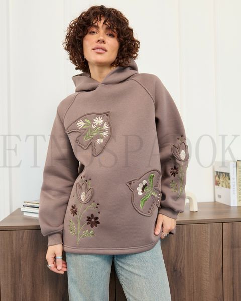 Вишите худі &laquo;Петриківські пташки&raquo; в кольор моккоі L/XL 722.2 фото
